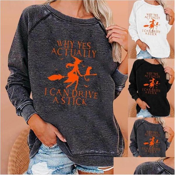 Damen Hoodies Sweatshirts Womens Letter Print Witch Cats Pattern Plover Sweatshirt Herbst Winter O-Ausschnitt Loose Fit Frauen Halloween Dhrcm