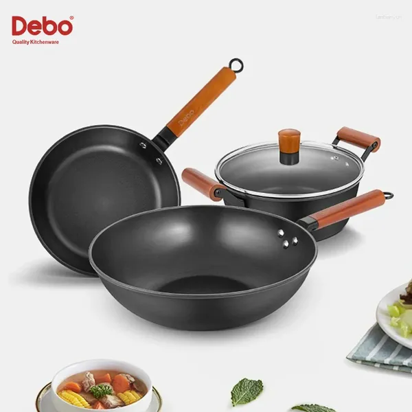 Conjuntos de panelas Debo Scratch Proof Set Universal Antiaderente High-End Pan Wok e Stockpot Ternos de 3 peças com tampa de vidro Punho de madeira