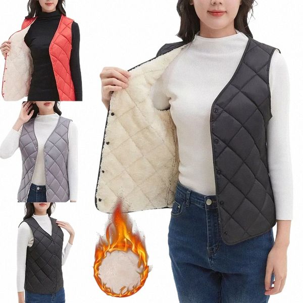 Autunno Inverno delle nuove donne ultra-sottile Cott Vest Sleevel con scollo a V caldo imbottito in pile trapuntato Gilet Diamd modello cappotto M-4XL q5lT #