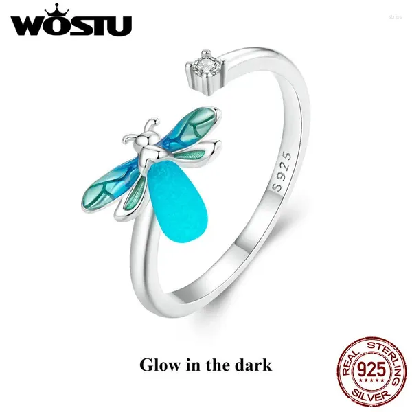 Anéis de Cluster Wostu Real 925 Sterling Silver Rainbow Firefly Anel de Abertura Luminosa para Mulheres Mel Bee Brilho no Partido Escuro Jóias Presente