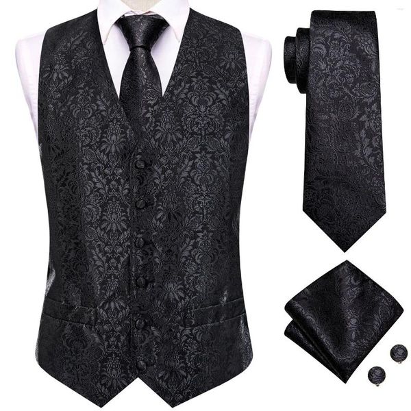 Coletes masculinos Hi-Tie Silk Mens Terno 4 PC Tecido Floral Preto Colete Gravata Bolso Quadrado Abotoadura Negócio Vestido de Casamento Cintura Jaqueta