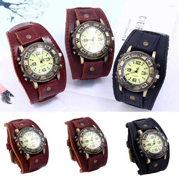 Relógios de pulso vintage falso couro quartzo relógio de pulso punk redondo dial relógio de pulso pulseira para homens banda larga negócios