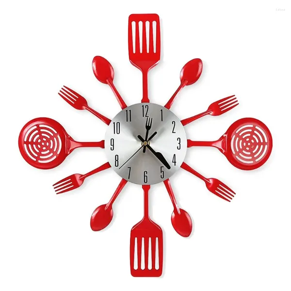 Relógios acessórios 16 polegadas grande parede de cozinha com colheres e garfos 3D utensílios de mesa relógio decoração de casa (vermelho)