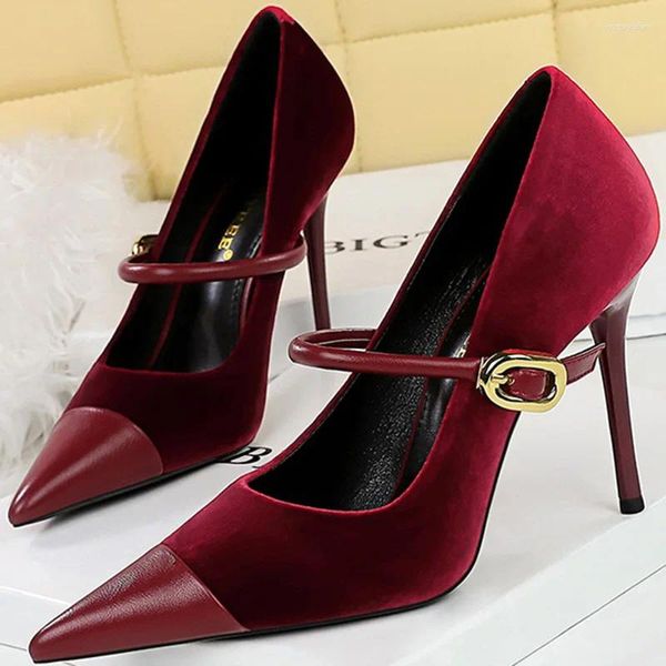 Kleid Schuhe Frauen 10 cm 7 cm High Heels Pumps Dame Spitze Zehe Samt Leder Metall Schnalle Mary Jane Burgund grün Strap Stiletto