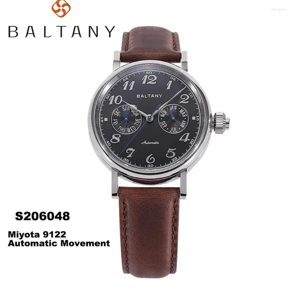 Relógios de pulso Baltany Mono-pusher Função Relógio 9122 Auto S6048 Semana Mês Processo de Endurecimento MOP Dial Couro Retro Vestido Relógio de Pulso S206048