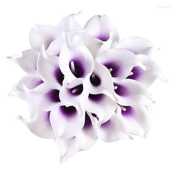 Flores decorativas 24 unidades de lírio de calla artificial para buquê de casamento de noiva DIY peças centrais decoração de casa (roxo em branco)