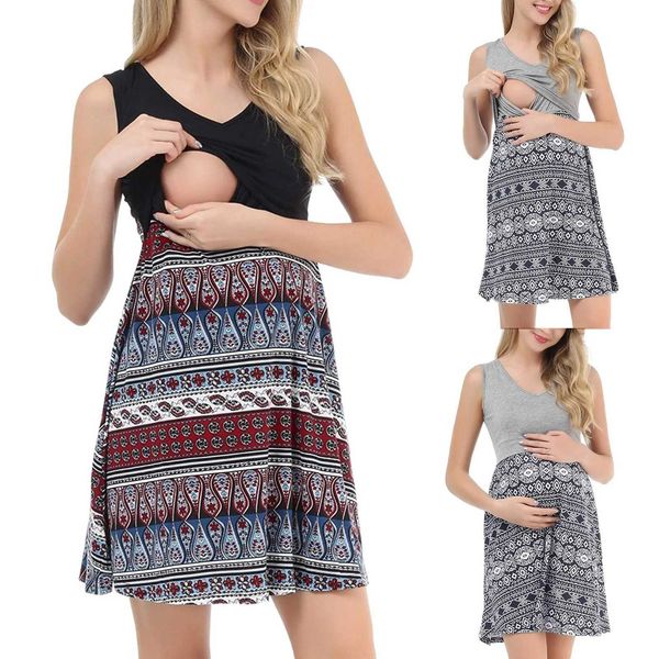 Vestidos de maternidade verão novas mulheres casuais sem mangas impresso elegante e sexy com decote em v enfermeira colete para grávidas womenl2403