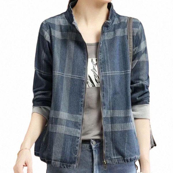 check Primavera Autunno Crop Graphic Donna Jean Cappotto Giacca di jeans per donna Colletto alla coreana Blu con stampa Breve Capispalla Offerte U6DG #