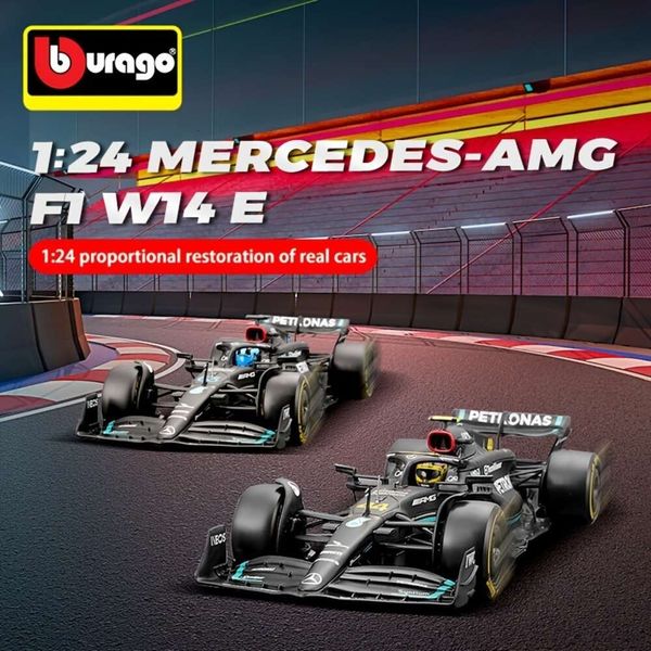 Bburago 1:24 Mercedes-amg F1 Team W14 2023 Edição especial de tamanho grande #44 e #63 Modelo de carro de liga Fórmula Racing Brinquedo fundido, veículos colecionáveis de brinquedo Páscoa