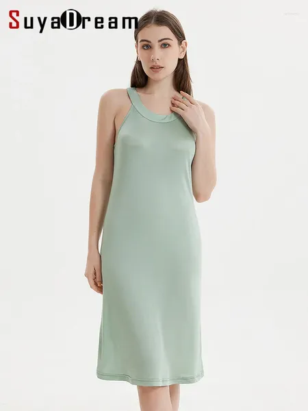 Abiti casual SuyaDream Donna Solid lavorato a maglia in vera seta Halterneck Off spalla Mid Dress 2024 Primavera Estate Abiti eleganti Verde Bianco