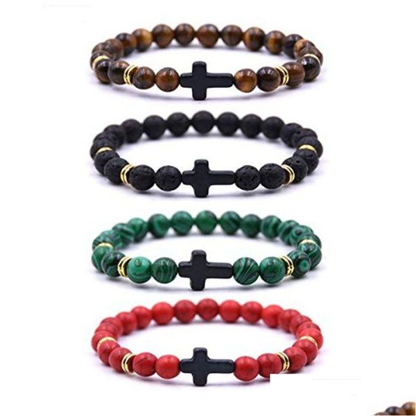 Identificazione Personalità Bianco Turchese Rocce vulcaniche Occhio di tigre Bracciale con perline Uomo Donna Pietra preziosa naturale Ciondoli croce Stackabl Dhzhn