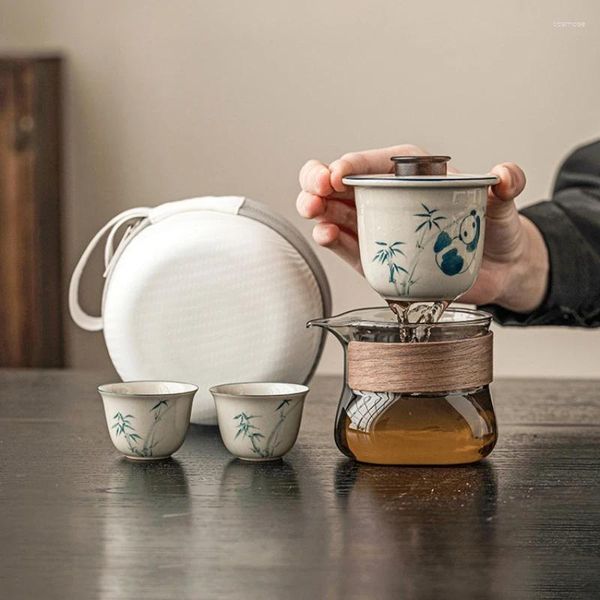 Set di stoviglie per il tè Prezzo a sorpresa Erba e legno grigio Panda dipinto a mano Borsa da viaggio portatile per tazza di ceramica per bere il tè all'aperto