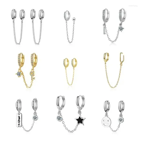 Серьги-кольца из настоящего стерлингового серебра 925 пробы, двойная цепочка, клипсы-манжеты для ушей для женщин, без пирсинга, серьги, ювелирные изделия DA1700