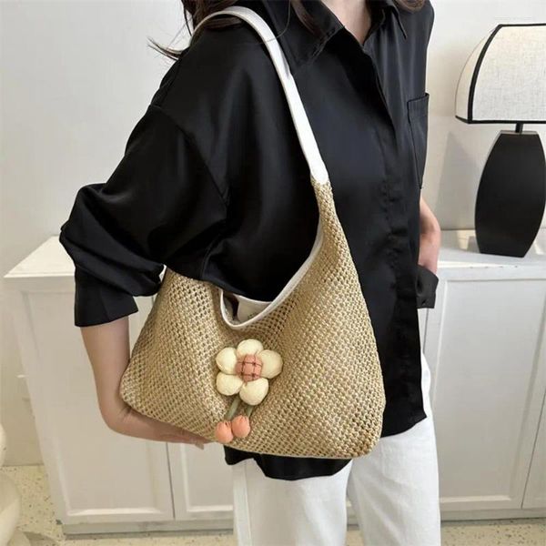 Abendtaschen Umhängetasche Stilvolle Damenhandtasche Geflochtenes Blumendesign Geräumige Unterarmtasche Für Urlaub Strandurlaub Einfarbig