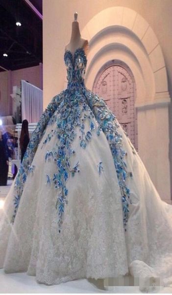 Luxo azul appliqued vestido de baile vestidos de casamento querida decote lantejoulas rendas capela trem feito sob encomenda vestido de noiva de casamento8401741