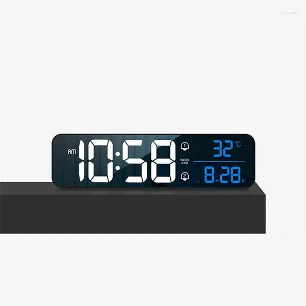 Relógios de parede controle voz grande relógio digital toque snooze música usb mesa 12/24h alarmes duplos temperatura data led alarme