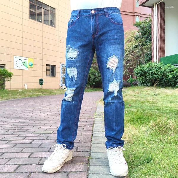 Männer Jeans Casual Marke Mode Schwarz Blau Motorrad Mann Denim Hosen Loch Ruiniert Große Größe Luxus Junge Lange Hosen