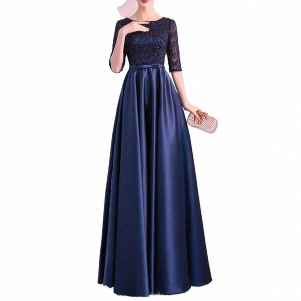 Novo 2024 longos vestidos de noite formais elegante renda cetim azul marinho vestidos mulheres vestido de festa banquete a5lS #
