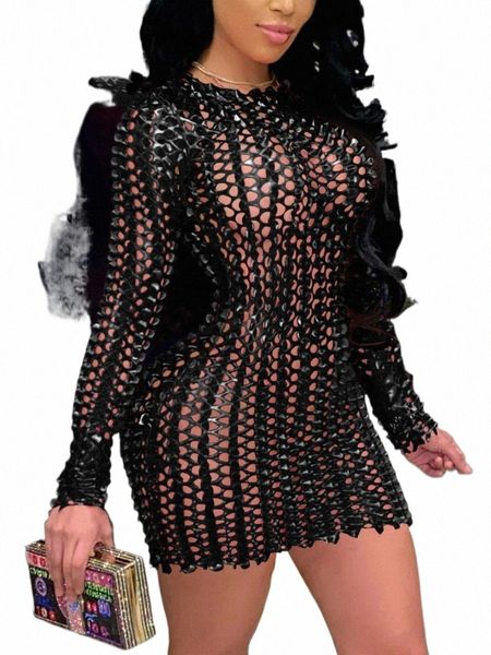 lw SXY Metallic Fishnet Bodyc Dr Neue Sexy Frauen Net Rock Ganzkörper Aushöhlen lg hülse Mini Dr Dessous nachtwäsche Z7ch #