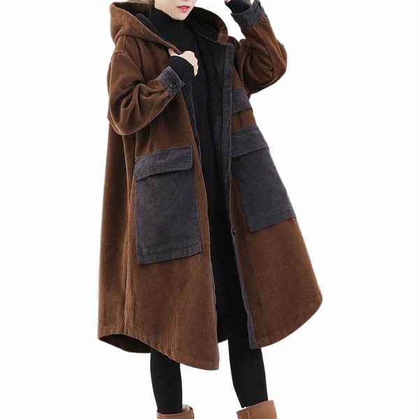 Fi Cordjacke Große Tasche Plus Cott Dicke Kapuze Gepolsterter Mantel Damen Herbst Winter Lose Lässig LG Mantel Parka 53qt #