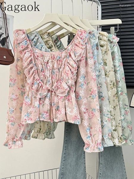 Blusas femininas gagaok mulheres 2024 primavera outono francês plissado rendas até chiffon floral manga comprida camisa design sentido curto topo