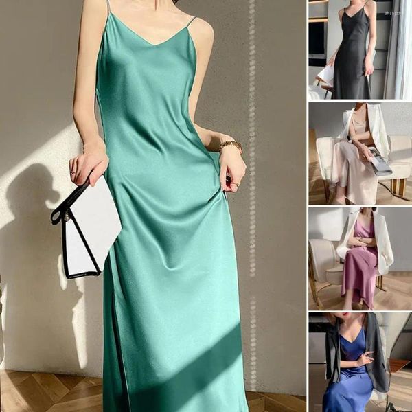 Casual Dresses Vintage Satin Damen Figurbetontes Kleid Sommer Sexy Spaghettibügel Lange Party Maxi Midi Robe Weibliche Kleidung Streetwear