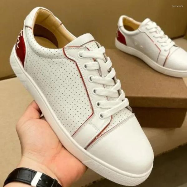 Scarpe casual da uomo con suola rossa, basse, stringate, in pelle traspirante, tendenza della personalità, piatte europee e americane, piccole bianche