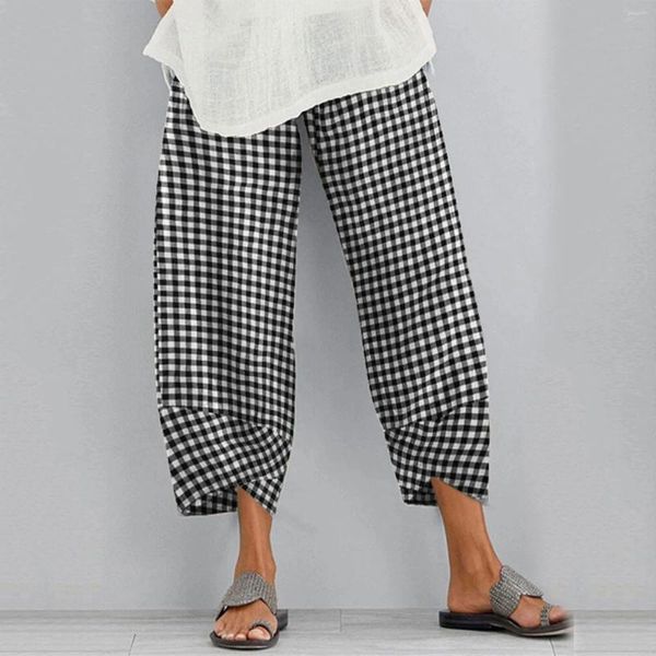 Pantaloni da donna Pantaloni larghi in vita elastica scozzese scozzese in bianco e nero Pantaloni larghi in cotone e lino atletici con tasca primaverile