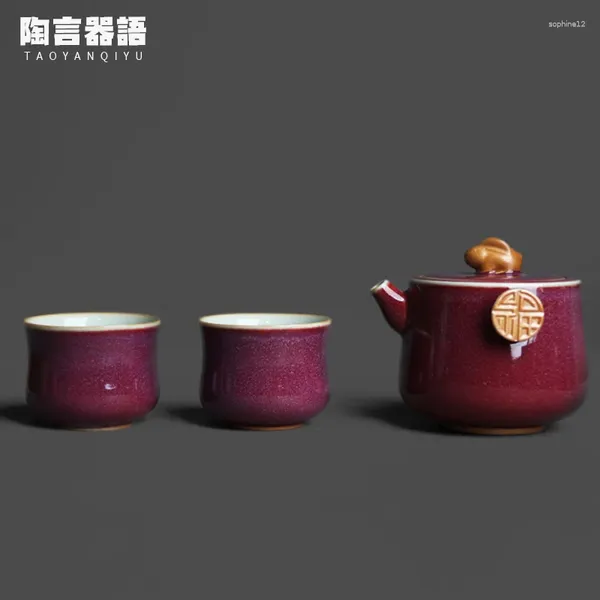 Conjuntos de chá Yuzhou Jun Kiln Red Jade Um pote e dois copos companheiro chá conjunto original meu esmalte personalizado família cerveja