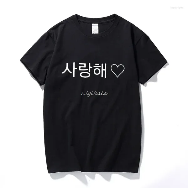 Homens Camisetas Saranghae T-shirt para Homens Língua Coreana Eu Te Amo Moda Engraçado Alta Qualidade Impresso Verão Hipster Amantes Slogan Tee