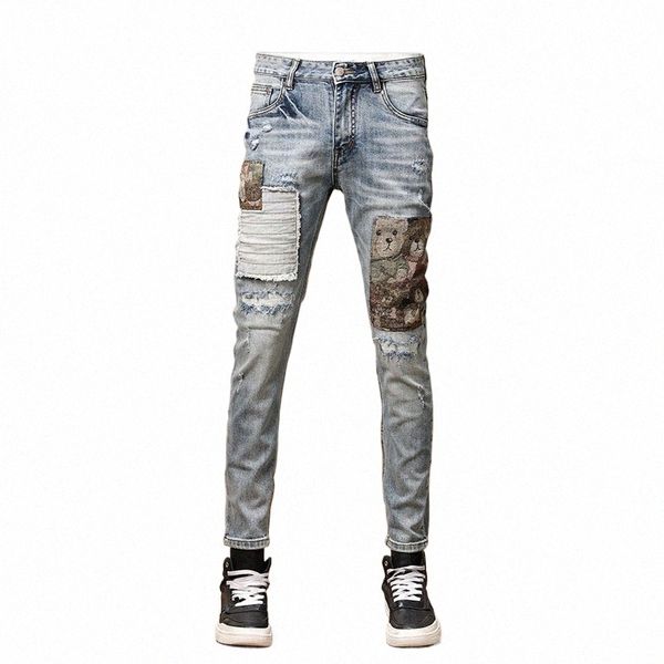 High Street Fi Homens Jeans Retro Light Blue Stretch Skinny Fit Rasgado Jeans Homens Patched Designer Hip Hop Denim Calças Hombre v3qp #