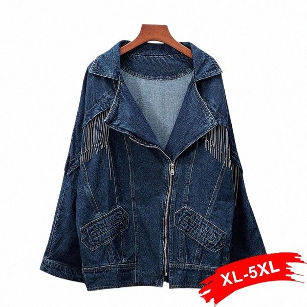Plus Size Harajuku Oversized Tassel Applique Jeans Jacket 3XL 5XL Coreano Zipper Fly Casual Jean Outwear Streetwear Denim Coat 00Iw #