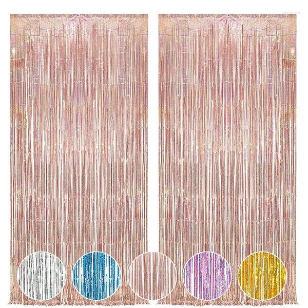 Decoração de festa 2pack 2m 2m Rose Gold Laser Metallic Foil Tinsel Fringe Cuttain Birthday Birthday Wedding Bachelorette Adulto Crianças Adultos