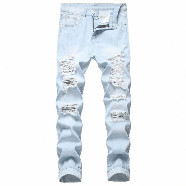 New Fi Light Blue Jeans strappati Pantaloni da uomo Cott Denim Pantaloni al ginocchio Grandi fori Jeans casual da uomo di alta qualità Plus Size 36ya #