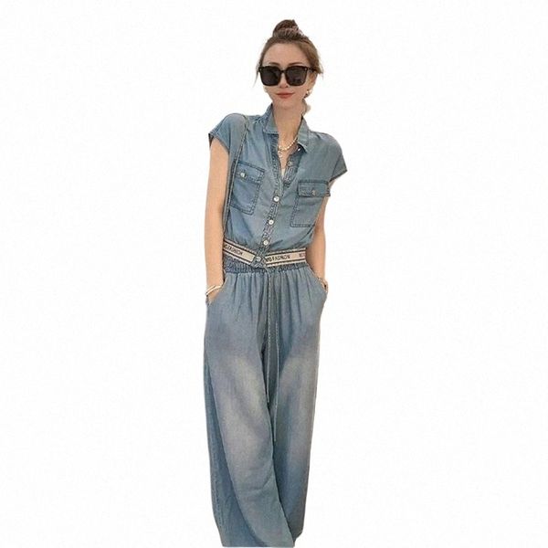 Feminino Fi Summer Denim Suit 2024 High-End Slim Joker Eelastic Cintura Jeans Terno de duas peças Mulheres Elegante Terno de duas peças V0zS #