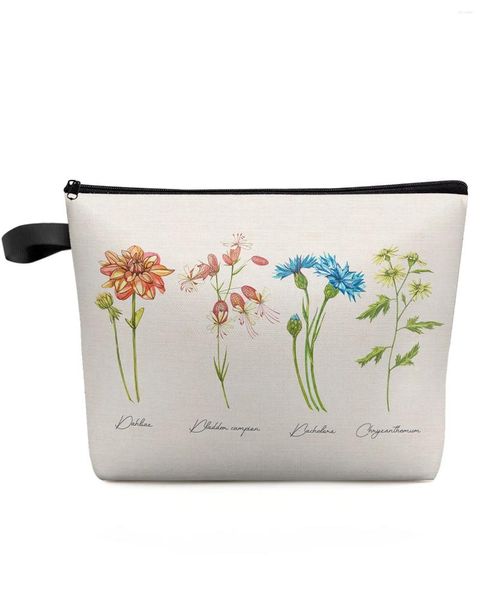 Borse per cosmetici Fiori vintage Pianta erbacea Texture in lino Borsa per trucco Astuccio per donne Essentials Organizer Storage Pencil Case