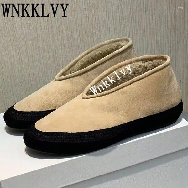 Freizeitschuhe Winter Wollfutter Loafer Damen Wildleder Dicke Sohle Slip On Warm Lazy Flat Round Toe All Match Plateau Stiefeletten