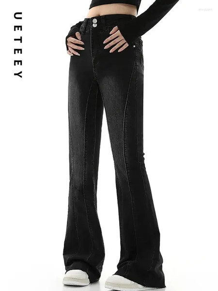 Jeans femininos ueteey preto cintura alta flare calças skinny streetwear y2k vintage 2024 casual magro denim mãe