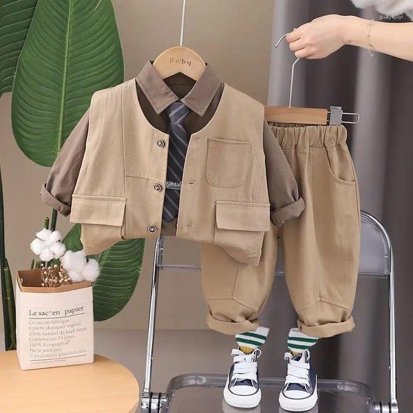 Kleidungssets 3-teiliges Set Frühling Herbst Jungen Lässige Weste Hemd Lose Hose Krawatte Kind Kinder Baby Kleinkind Gentleman Kleidung 2-7 Jahre