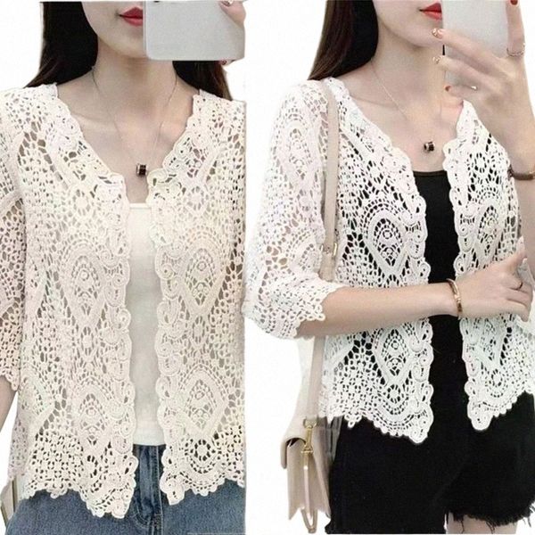 Coprispalle in pizzo lavorato a maglia da donna Boho Hollow Crochet floreale maniche a 3/4 aperto Frt cardigan corto elegante maglione a rete Coveup W0Bt #