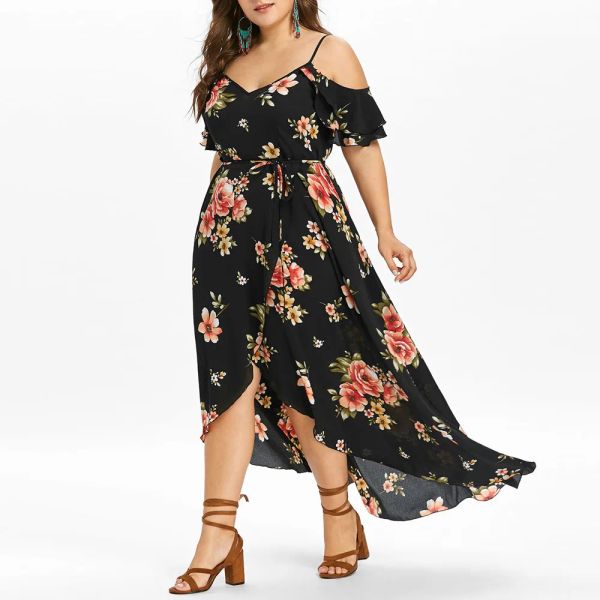 Vestidos vintage vestido plus size feminino casual manga curta ombro frio boho flor impressão vestido longo tamanho grande vestidos elegantes