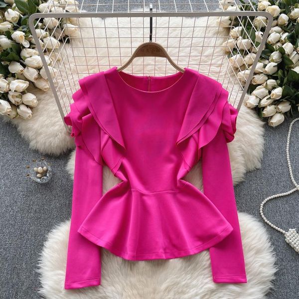 Женские блузки ALPHALMODA 2024, весенняя женская блузка с длинными рукавами и рюшами с 3D цветочными рукавами, модная блузка, топ, женская милая одежда, топы