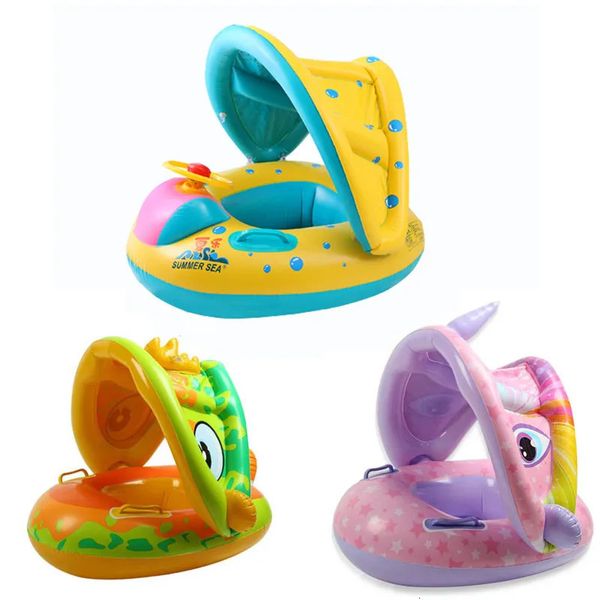 Anel inflável seguro para bebês, rodas de natação com assento para guarda-sol ajustável, acessórios de praia para crianças, brinquedos de piscina 240322