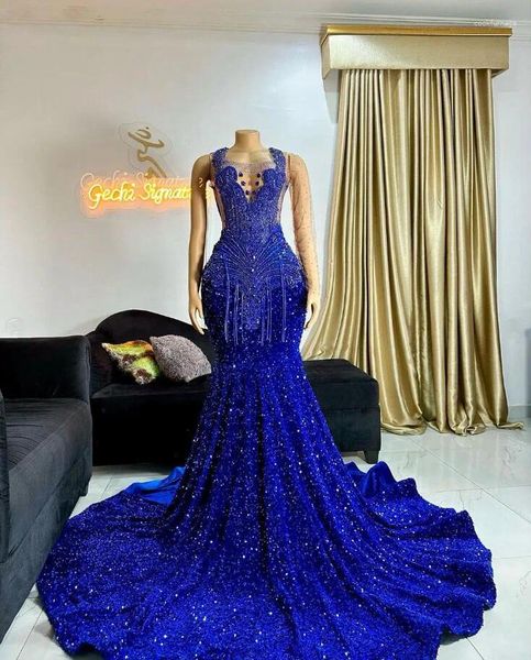 Abiti da festa Royal Blue scintillante cerimonia di ballo lungo per ragazza nera 2024 Abito da gala di lusso per compleanno da sera in cristallo di diamante