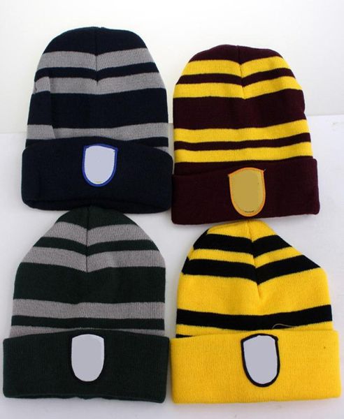 Estilo universitário chapéus de malha listrado gorros escola mágica distintivo designer chapéu de crochê bonnet inverno crânio bonés cosplay traje malha c8789603