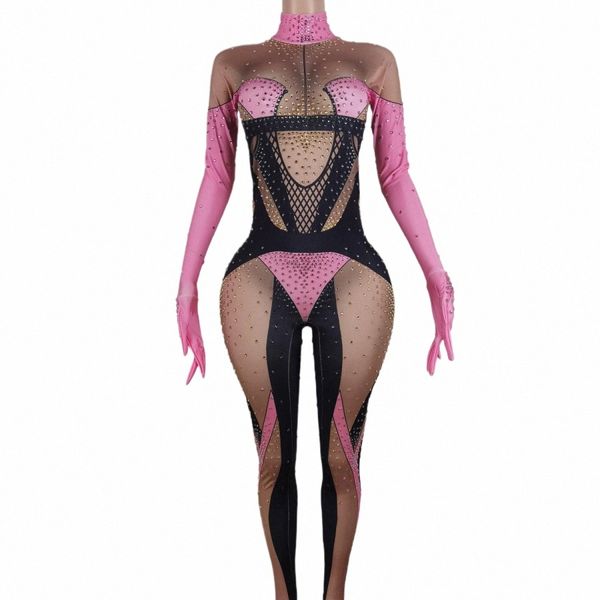 sexy Pink Rhinestes Tute Donna Nightclub Stampa Body Cantante Costume Festa di compleanno Pole Dance Drag Queen Stage Wear Q8CD #