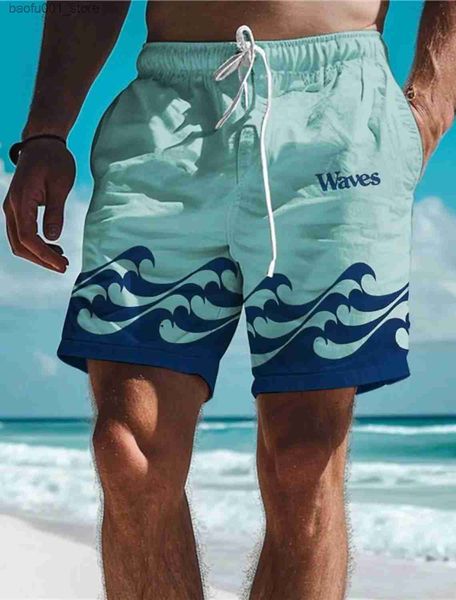 Shorts masculinos ondas mens resort 3d impresso board shorts natação haste cintura elástica haste havaiana praia estilo carta design shorts q240329