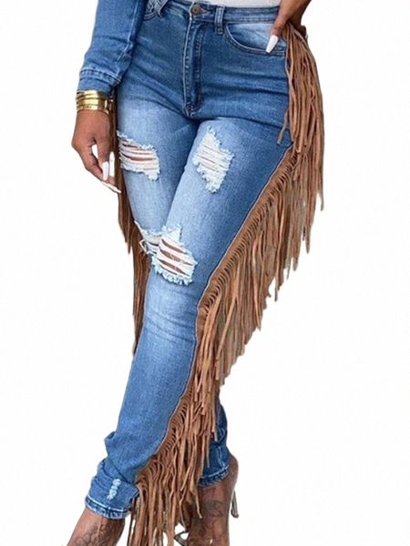 lw Plus Size jeans de verão Tassel Design Jeans rasgados Calças skinny Senhoras Jeans Y2K Verão High Street Cargo Pants U3X0 #