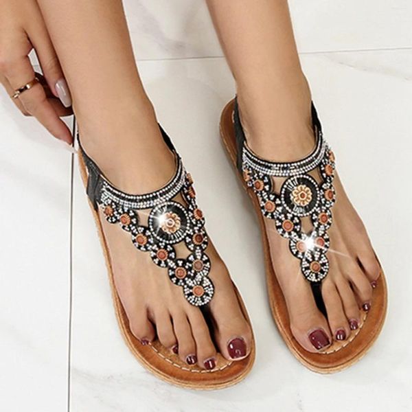 Sandali da donna estivi romani Boho con strass perizoma scarpe eleganti piatte comfort punta aperta cinturino elastico alla caviglia senza spalline