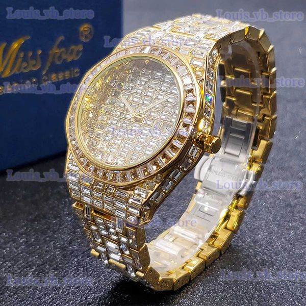 Andere Uhren Herren es MISSFOX Luxusmarke Baguette Drop Iced Diamond mit 18 Karat Goldplatte Wasserdichte Handuhr Männlich Dropshipping T240329